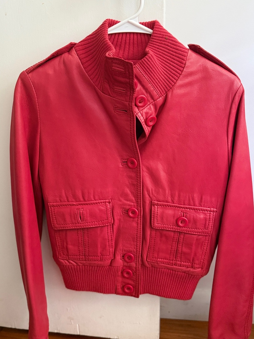 Denny Rose (Italian) Women's Red Leather Bomber Jacket with Ribbed Stand Collar